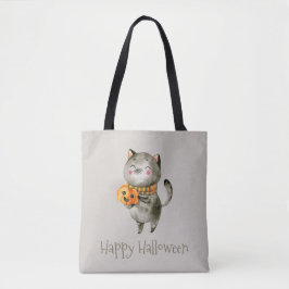 Gato lindo de Halloween con calabaza | Bolso de te