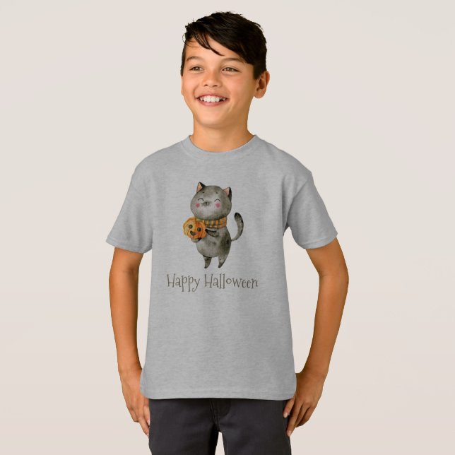Gato lindo de Halloween con calabaza | Camiseta (Anverso completo)