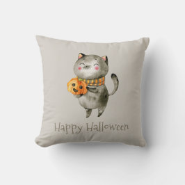Gato lindo de Halloween con calabaza | Cojín