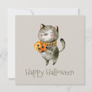 Gato lindo de Halloween con calabaza   Invitación 