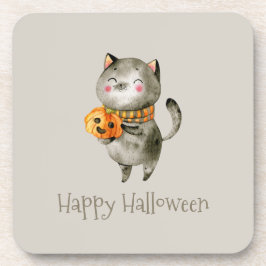 Gato lindo de Halloween con calabaza | Posavasos