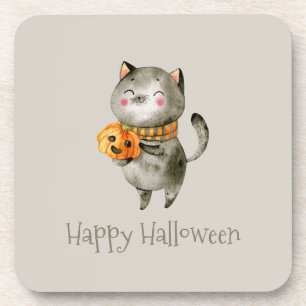 Gato lindo de Halloween con calabaza   Posavasos