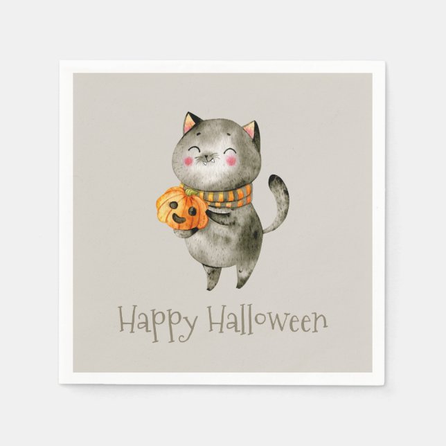 Gato lindo de Halloween con calabaza | Servilleta (Anverso)