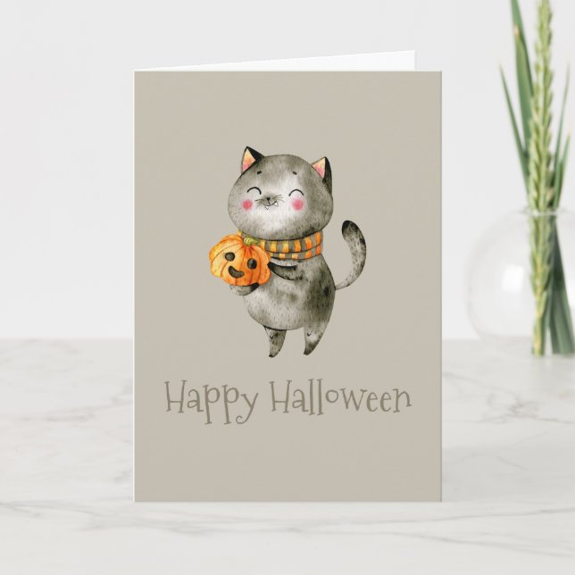 Gato lindo de Halloween con calabaza | Tarjeta med (Anverso)