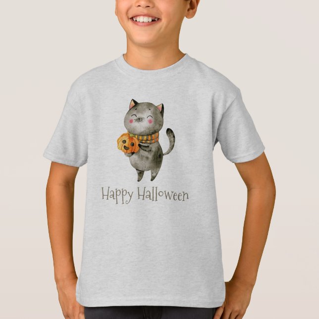 Gato lindo de Halloween con camiseta de la manga d (Anverso)