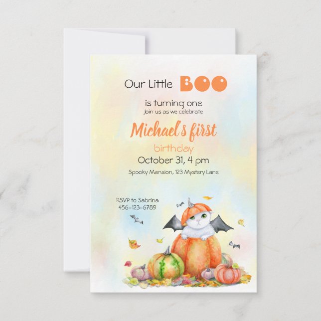 Gato lindo de Halloween en invitación a calabaza (Anverso)