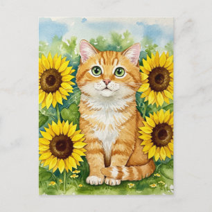 Gato lindo de jengibre en postal de girasoles