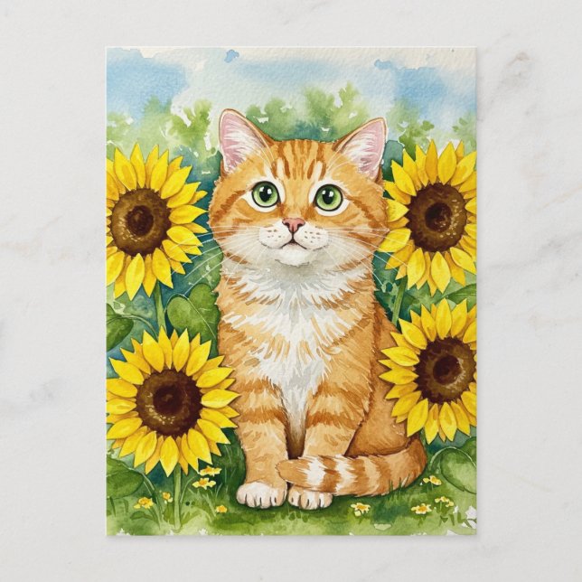 Gato lindo de jengibre en postal de girasoles (Anverso)