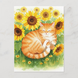 Gato lindo de jengibre en postal de girasoles