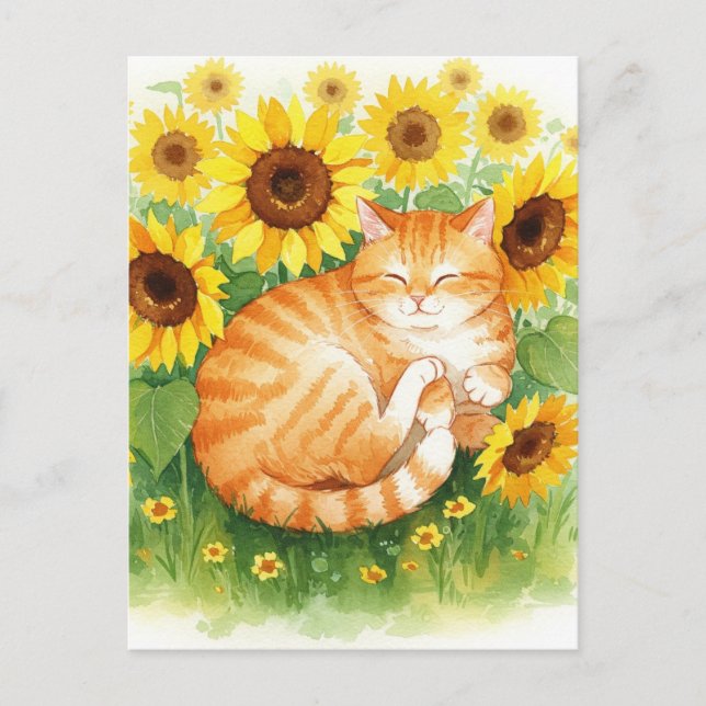 Gato lindo de jengibre en postal de girasoles (Anverso)