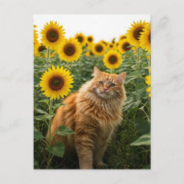 Gato lindo de jengibre en postal de girasoles