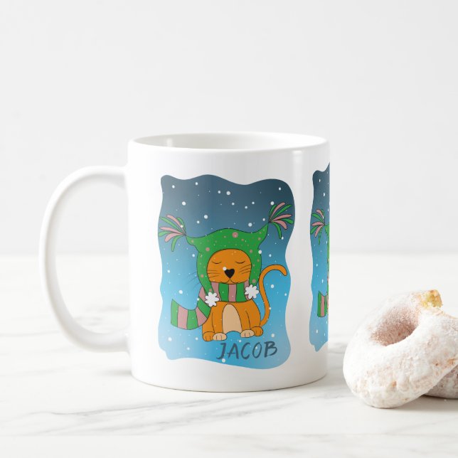 Gato lindo de jengibre en taza personalizada de ni (Con donut)