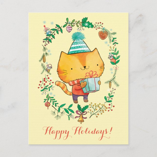 Gato lindo del navidad con la postal grande de la (Anverso)