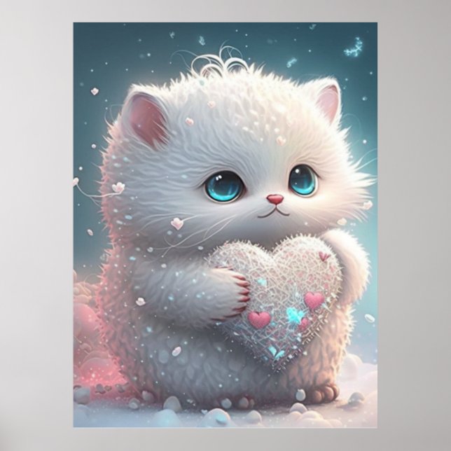 Gato lindo en nieve sosteniendo el corazón de arte (Frente)