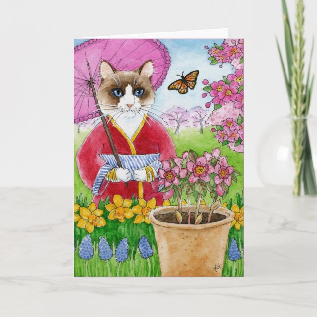 Gato lindo en tarjeta de felicitación japonesa del (Anverso)