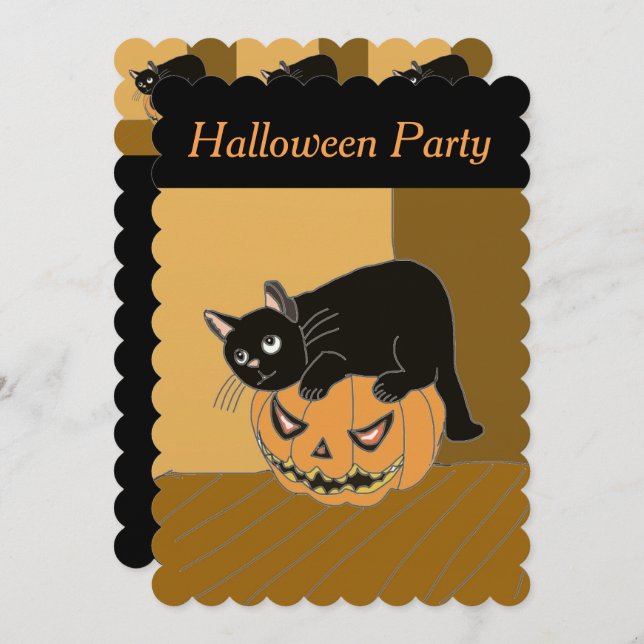 Gato lindo en una invitación de calabaza de Hallow (Anverso / Reverso)