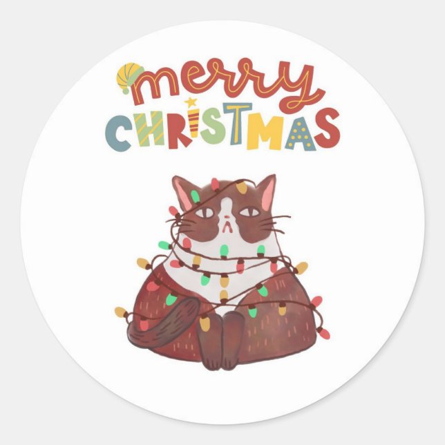 gato lindo pegatinas redondas clásicas Feliz Navid (Anverso)