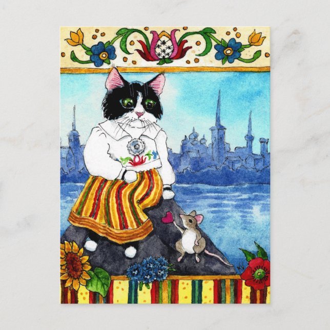 Gato lindo Ratón Folclore mitología estonia postal (Anverso)