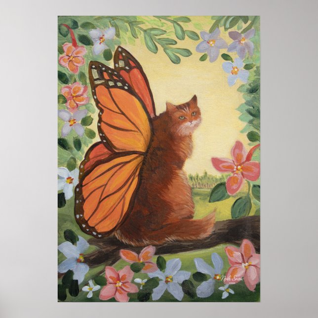 Gato Mariposa Monarca en Arte de Pared de Prado (Frente)