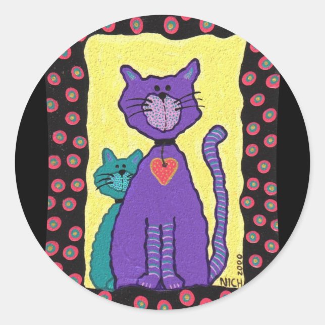 Gato morado funky y gatito - pegatinas (Anverso)