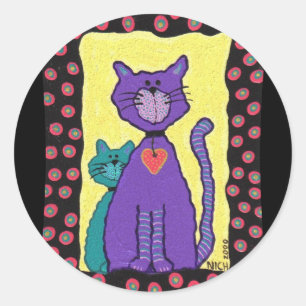 Gato morado funky y gatito - pegatinas