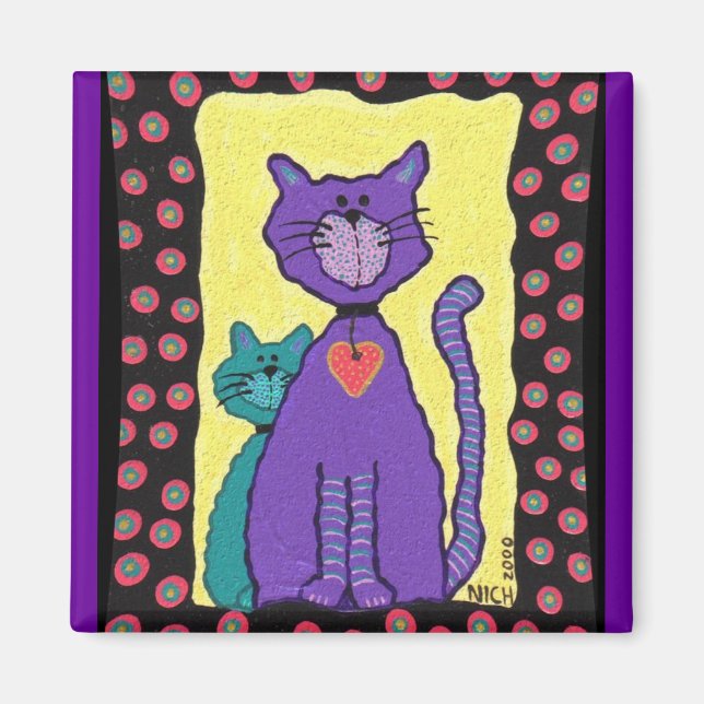 Gato morado y gatito - imán (Frente)