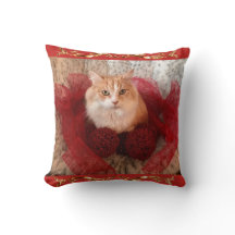 Gato mullido y Cojín decorativo rojo de la cinta