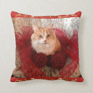 Gato mullido y Cojín decorativo rojo de la cinta