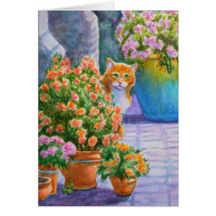 Gato naranja con macetas de flores