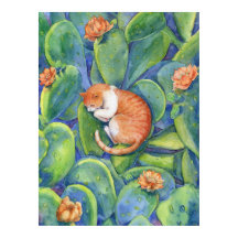Gato Naranja Durmiendo Entre Cactus en Flor Arte F