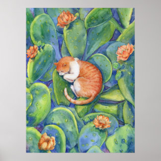 Gato Naranja Durmiendo Entre Cactus en Flor Arte F