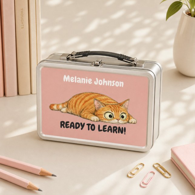 Gato Naranja Personalizado Listo para Aprender Ros (Personalized Ready to Learn Orange Cat Pink Metal Lunch Box)