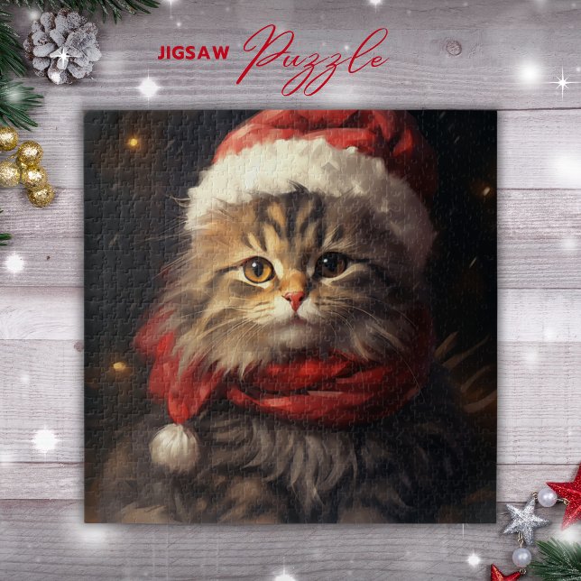 Gato navidad en un rompecabezas de Santa Sat (Christmas Cat in a Santa hat Puzzle)