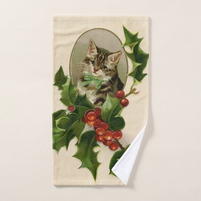 Gato Navidades Merry Holly Kitten Arte Antiguo (Toalla de mano)