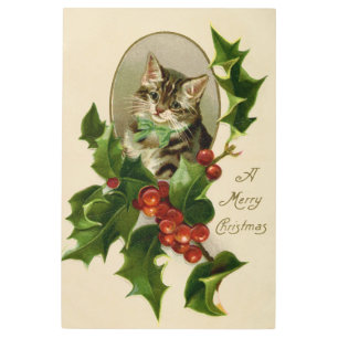 Gato Navidades Merry Holly Kitten Arte Antiguo