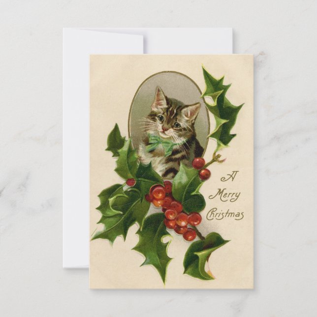 Gato Navidades Merry Holly Kitten Arte Antiguo (Anverso)