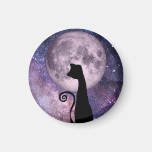 Gato negro a la luz de la luna en imán rosa y mora