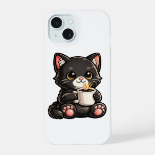 Gato Negro Adorable con Café