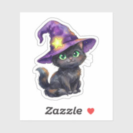 Gato Negro Adorable con Sombrero de Bruja Pegatina