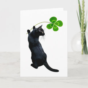 Gato Negro Afortunado con Tarjeta de Trébol de Cua