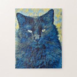 Gato negro artístico en el rompecabezas azul