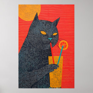 Gato Negro Bebiendo Jugo Arte Impreso Quirky Giclé