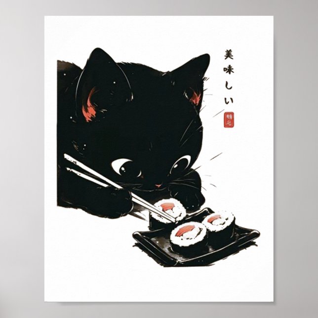 Gato negro comiendo sushi - arte japonés gato (Frente)