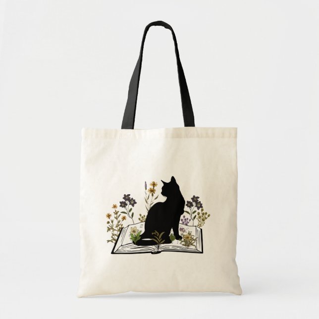 Gato negro con bolso de teta de libro floral (Frente)
