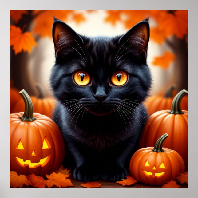 Gato Negro Con Calabazas Para Decoración De Otoño  (Frente)