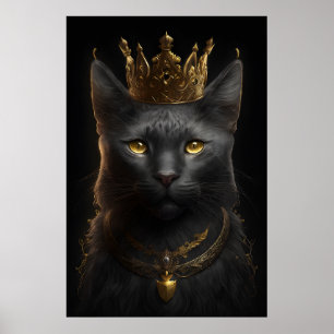 Gato negro con corona - arte en la pared Poster