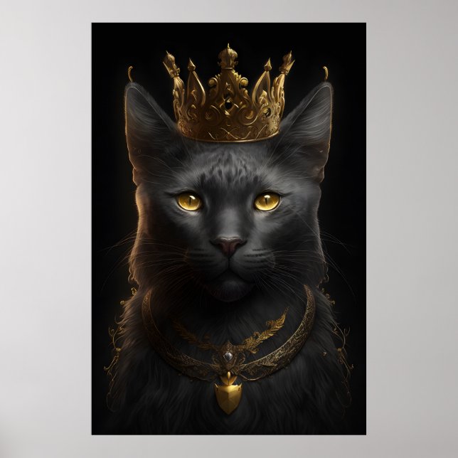 Gato negro con corona - arte en la pared Poster (Frente)