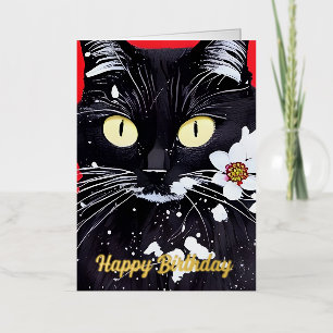 Gato negro con flores blancas Cumpleaños