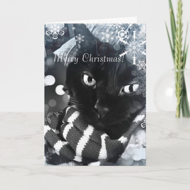 Gato negro con la tarjeta de Navidad de los copos (Anverso)