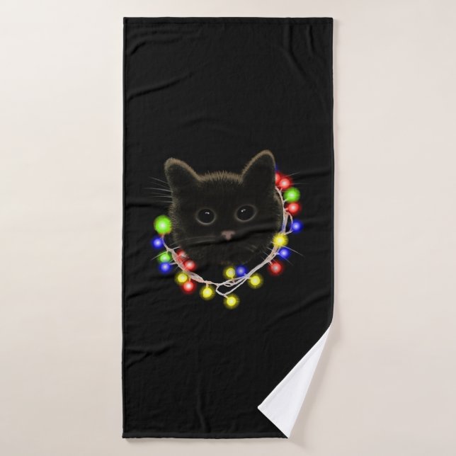 Gato negro con luces de Navidad (Toalla de baño)
